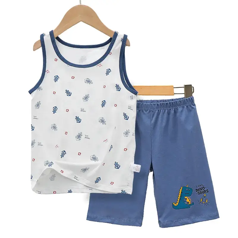 Boys Cartoon Vest Shorts Set Blue White Sleeveless