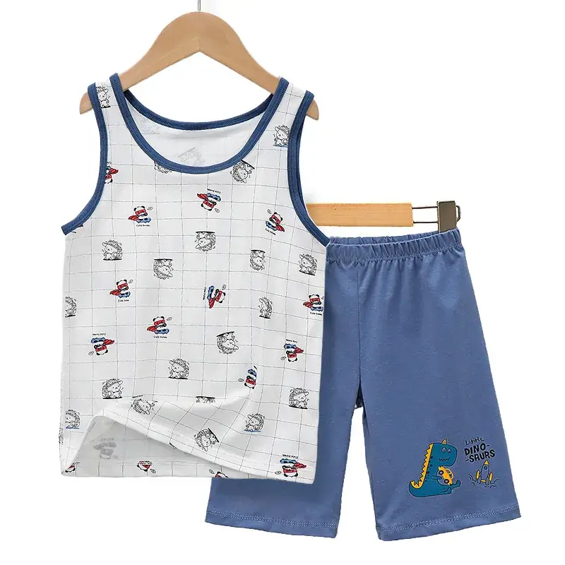 Boys Cartoon Vest Shorts Set Blue White Sleeveless