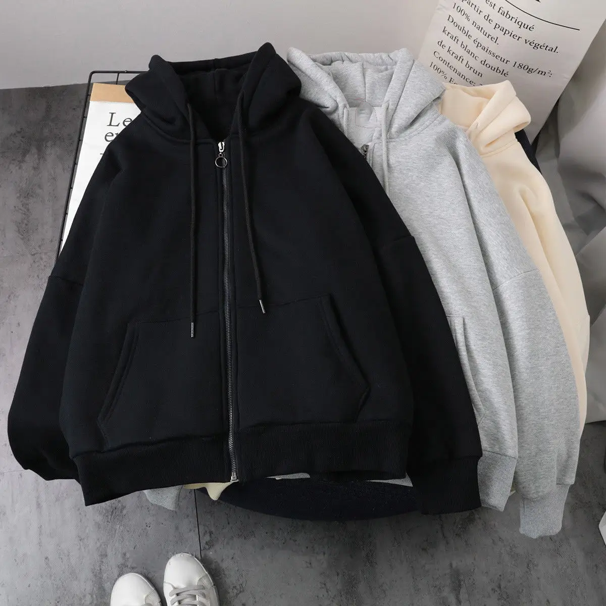 Grey Thin Zipper Sweatshirt Women's Spring Autumn Korean Casual Jacket Large Size Loose Hooded Solid Color Top - Image 17