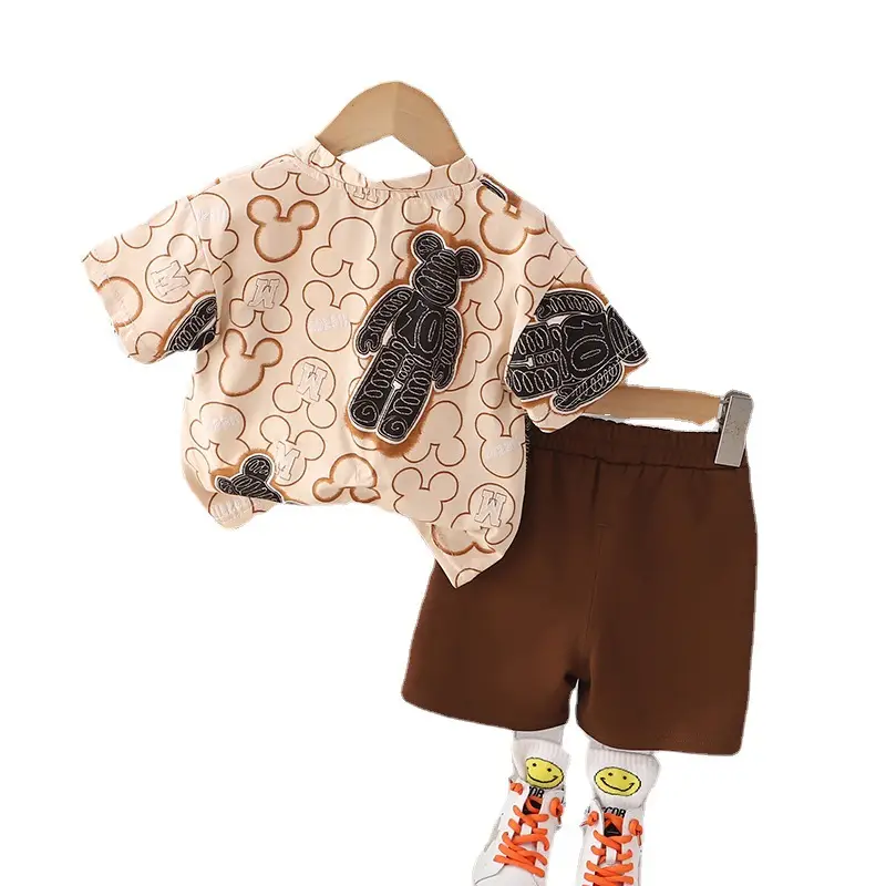 Children Cotton Printed T-Shirt Shorts Suit Brown White Summer - Image 8