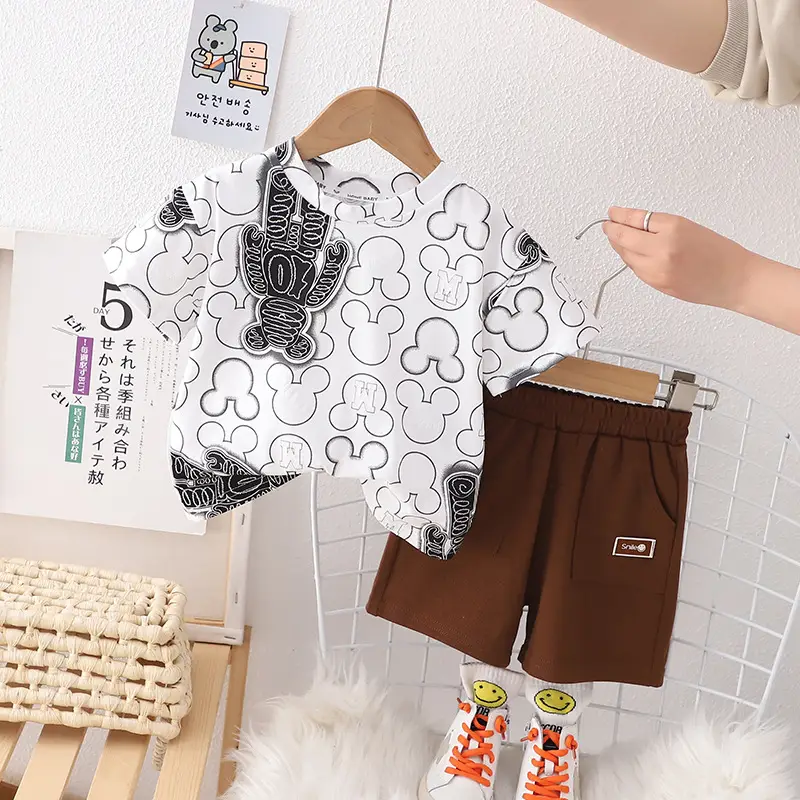 Children Cotton Printed T-Shirt Shorts Suit Brown White Summer — feature 3
