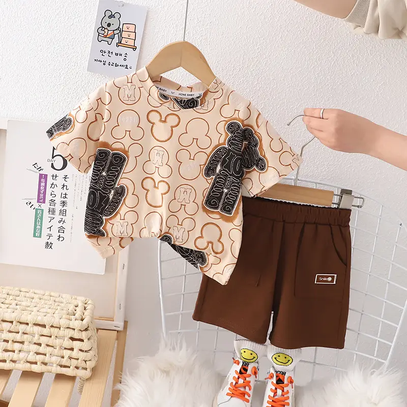 Children Cotton Printed T-Shirt Shorts Suit Brown White Summer — feature 4