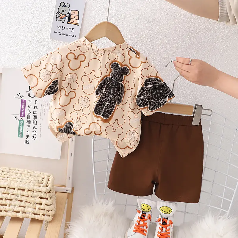 Children Cotton Printed T-Shirt Shorts Suit Brown White Summer — feature 5
