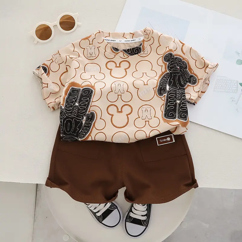 Children Cotton Printed T-Shirt Shorts Suit Brown White Summer — feature 8