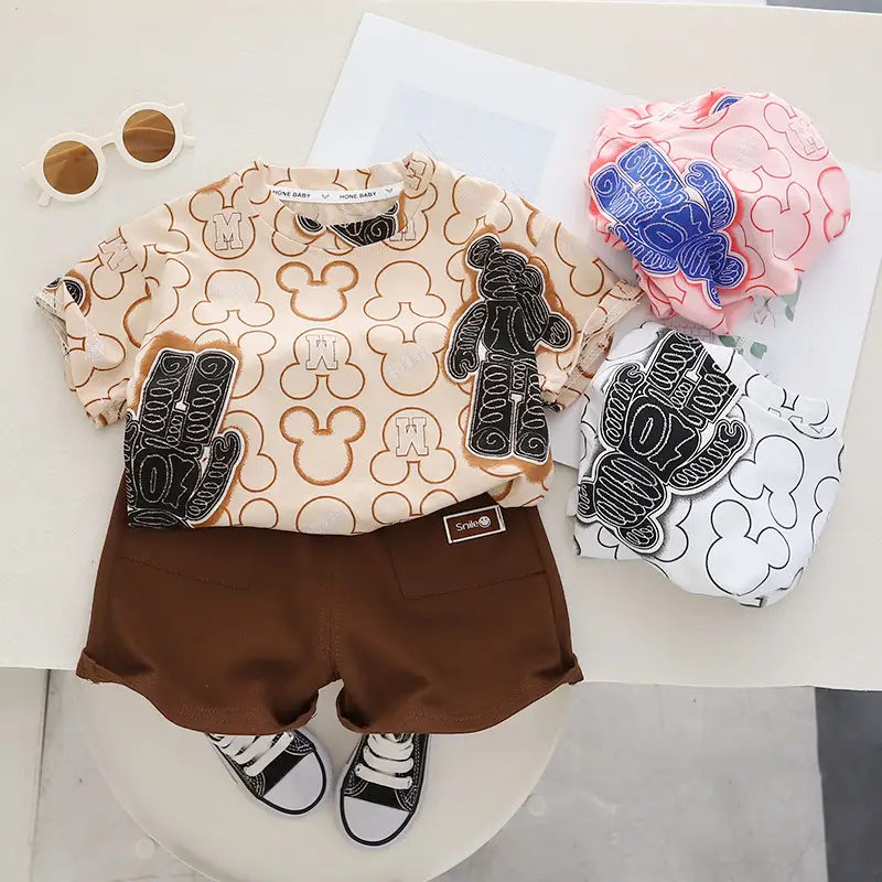 Children Cotton Printed T-Shirt Shorts Suit Brown White Summer — feature 9