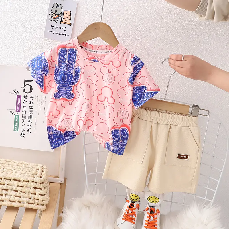 Children Cotton Printed T-Shirt Shorts Suit Brown White Summer - Image 3