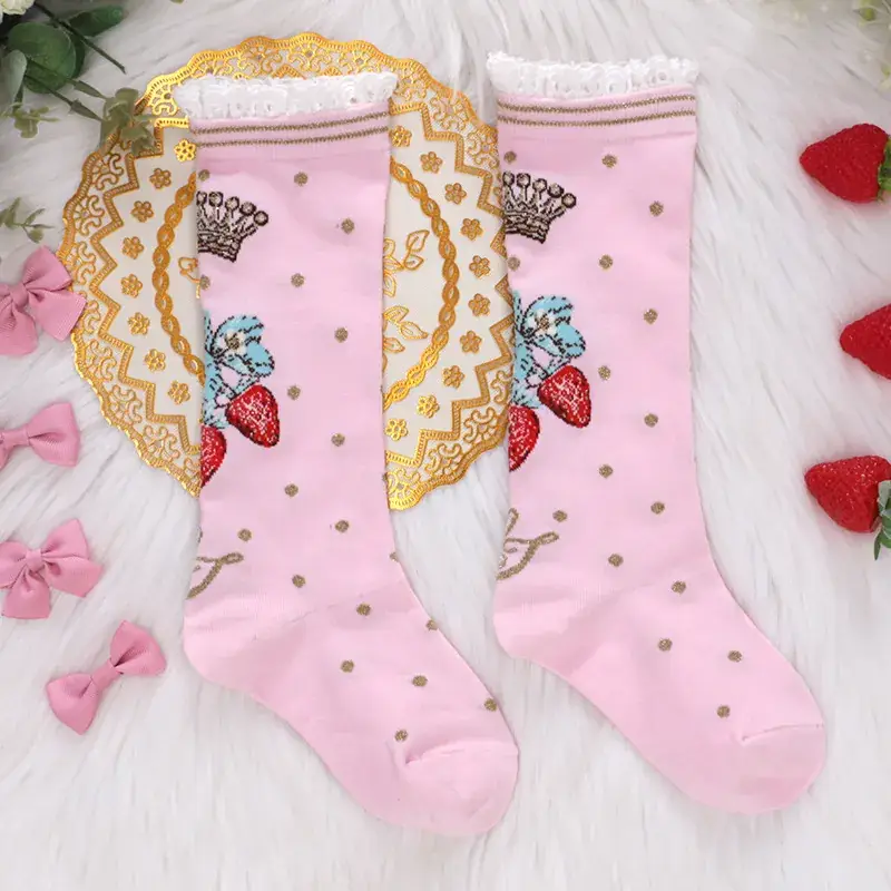 Pink Japanese Style Girls Socks with Lace & Cartoon Design
