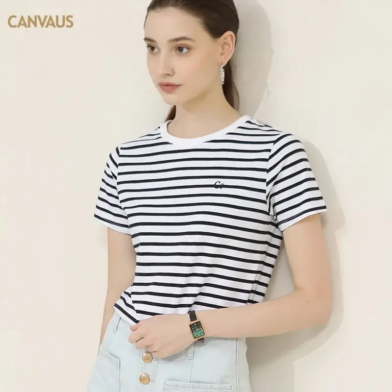 Women Striped Cotton T-Shirt Navy Short Sleeve Summer - Image 2