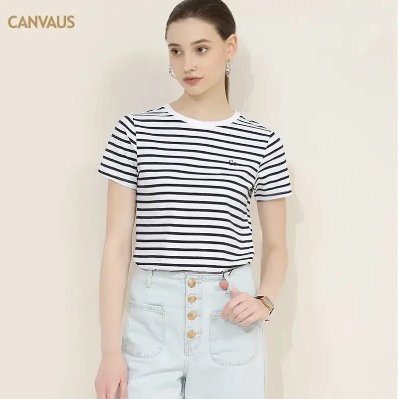 Women Striped Cotton T-Shirt Navy Short Sleeve Summer - Image 3