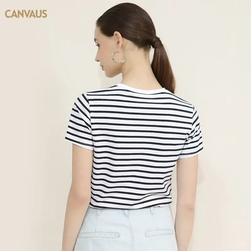 Women Striped Cotton T-Shirt Navy Short Sleeve Summer - Image 4
