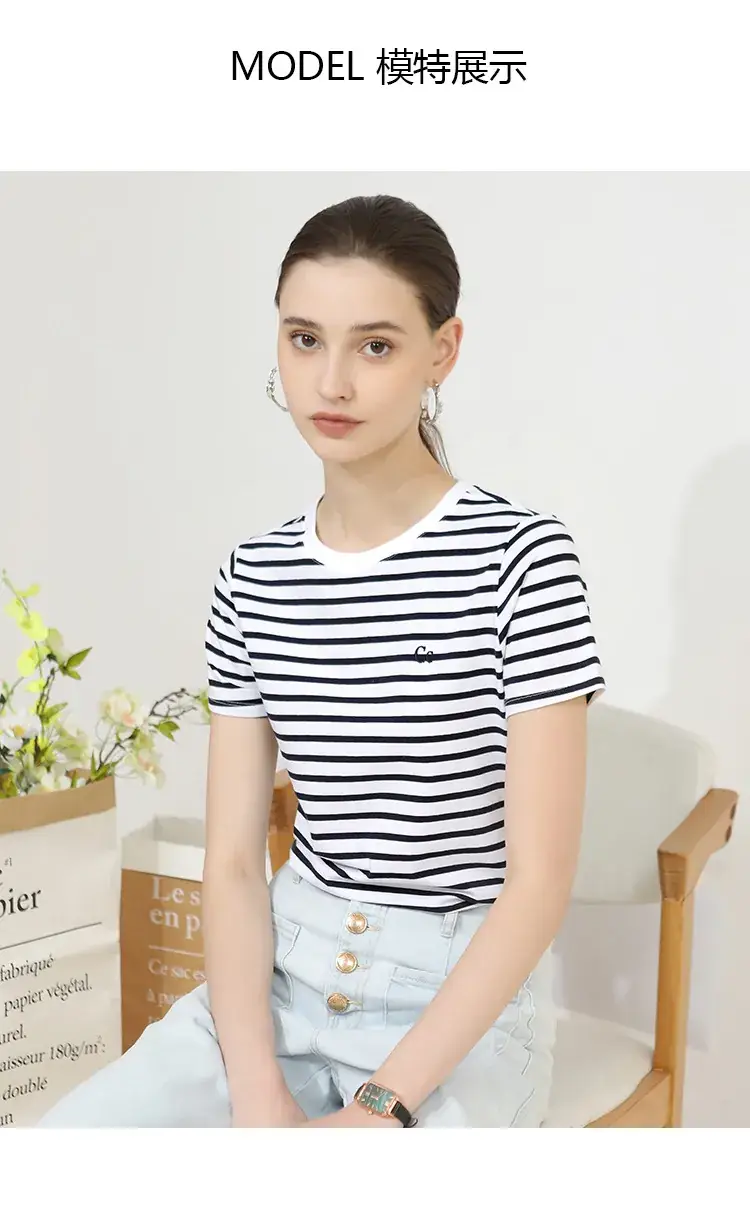 Women Striped Cotton T-Shirt Navy Short Sleeve Summer — feature 13