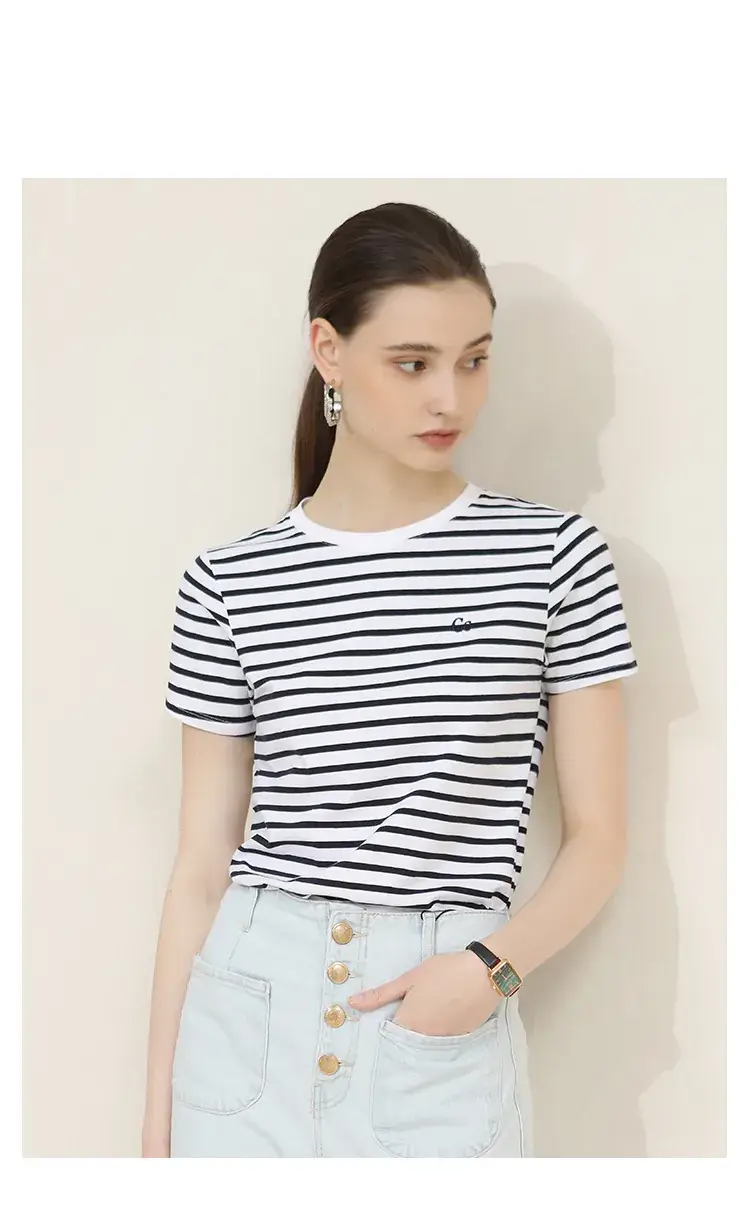Women Striped Cotton T-Shirt Navy Short Sleeve Summer — feature 15