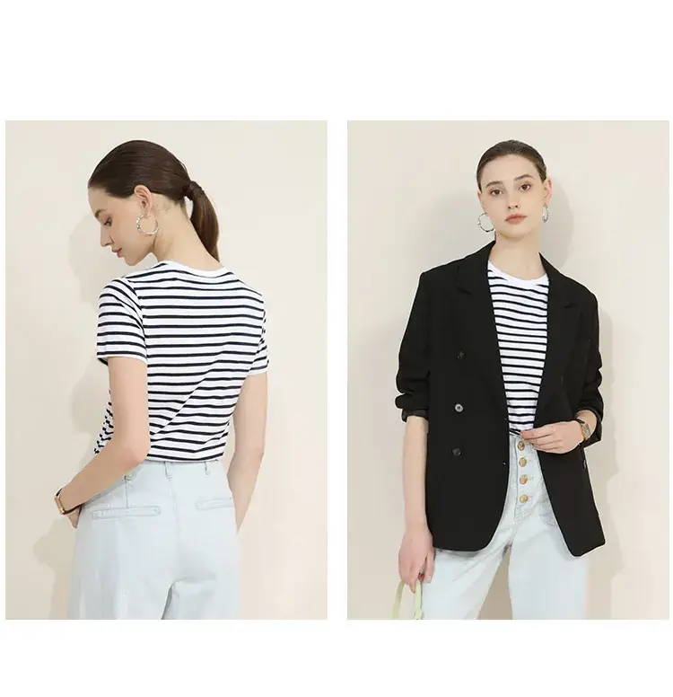 Women Striped Cotton T-Shirt Navy Short Sleeve Summer — feature 16
