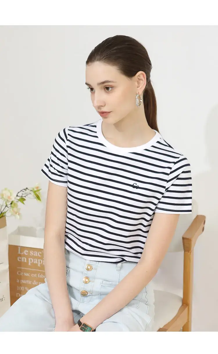 Women Striped Cotton T-Shirt Navy Short Sleeve Summer — feature 17