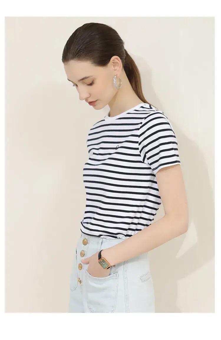 Women Striped Cotton T-Shirt Navy Short Sleeve Summer — feature 18