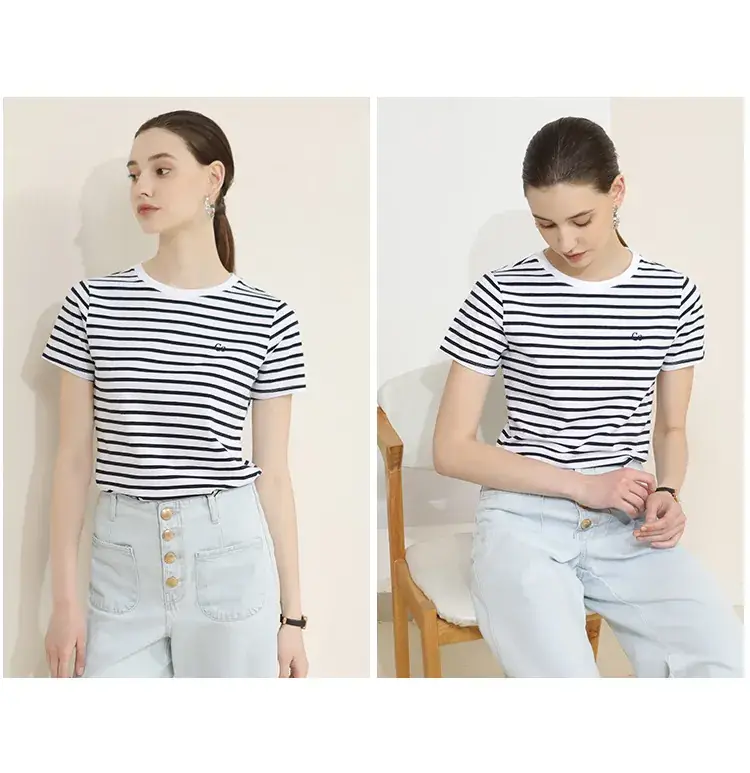 Women Striped Cotton T-Shirt Navy Short Sleeve Summer — feature 19