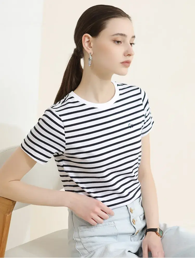 Women Striped Cotton T-Shirt Navy Short Sleeve Summer — feature 2