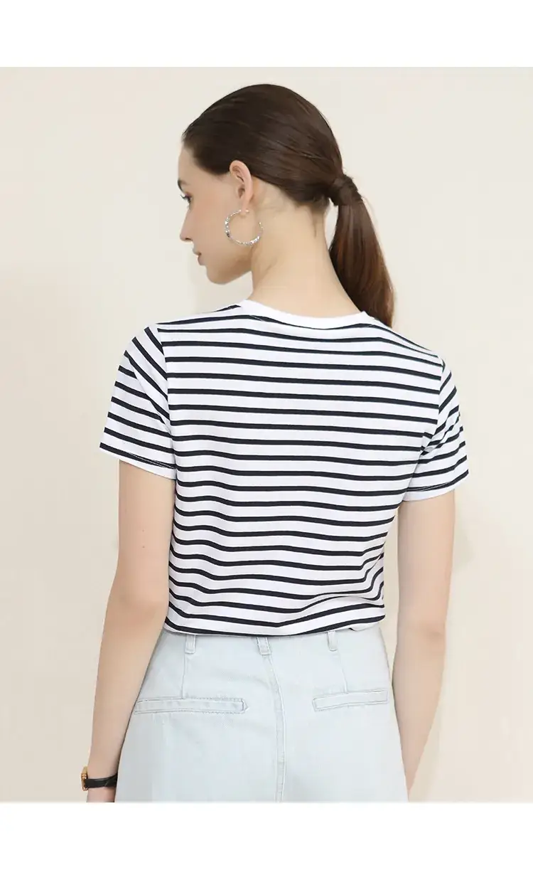 Women Striped Cotton T-Shirt Navy Short Sleeve Summer — feature 20