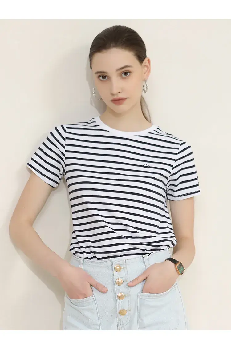 Women Striped Cotton T-Shirt Navy Short Sleeve Summer — feature 5