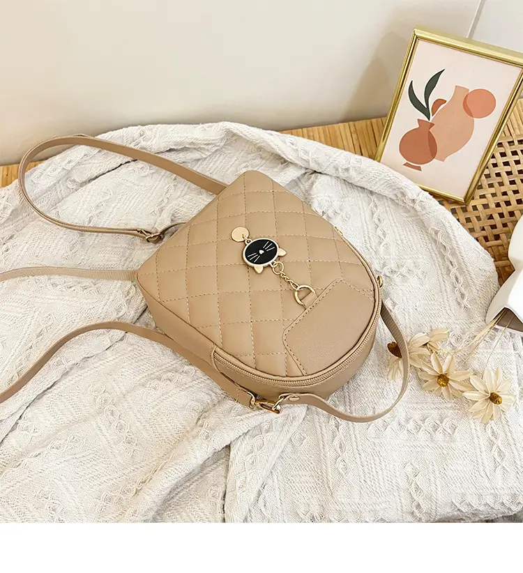 Pink Quilted Rhombus Cat Head Backpack with Embroidered Pendant — feature 15