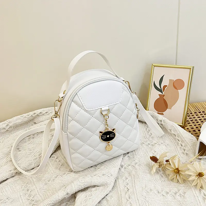 Pink Quilted Rhombus Cat Head Backpack with Embroidered Pendant - Image 2