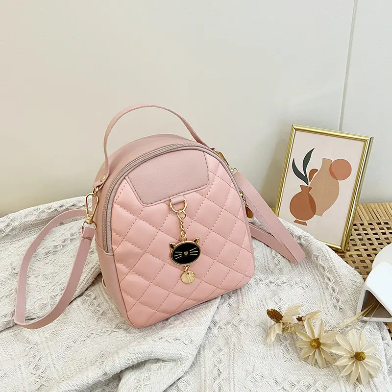 Pink Quilted Rhombus Cat Head Backpack with Embroidered Pendant - Image 3