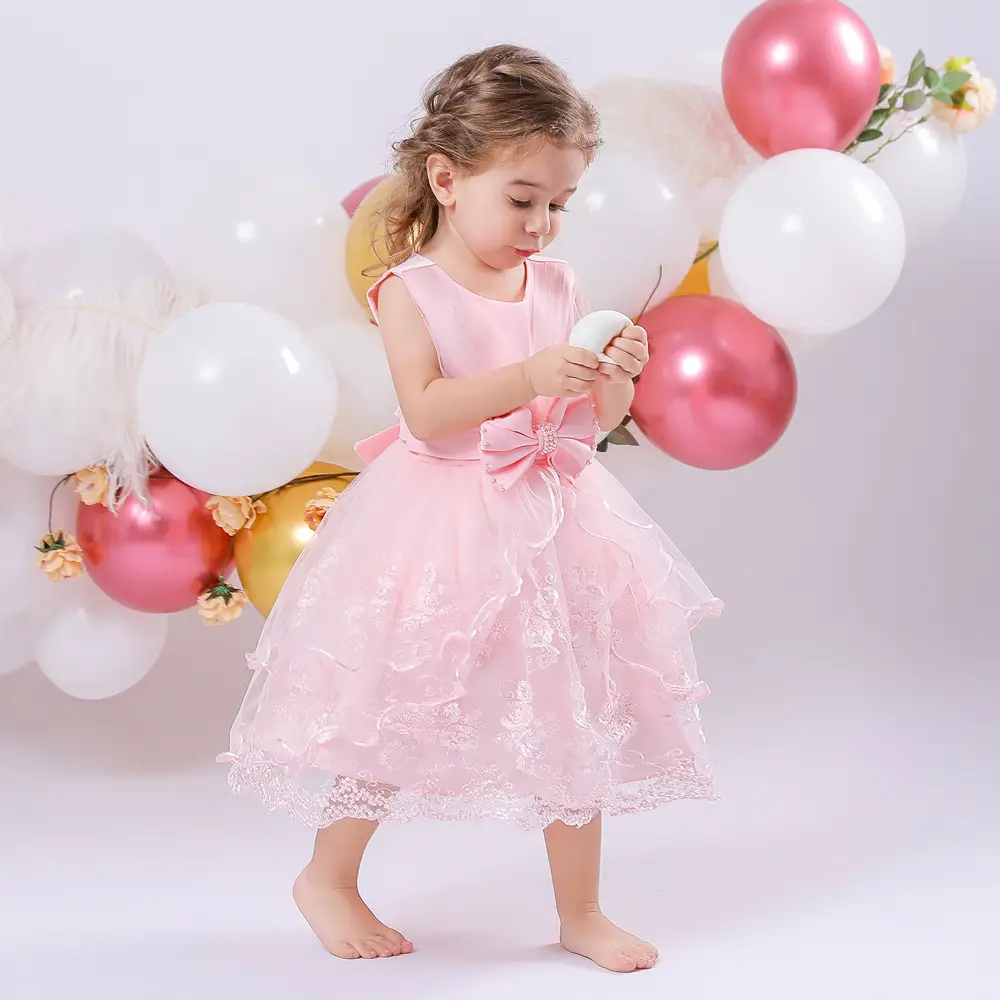 Pink Baby Princess Dress with Beads and Bows - Image 7