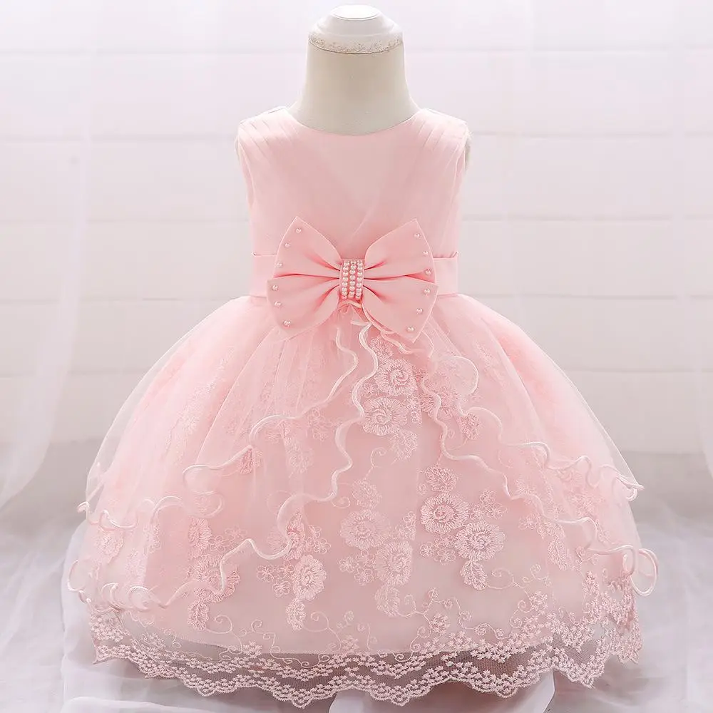 Pink Baby Princess Dress with Beads and Bows - Image 3