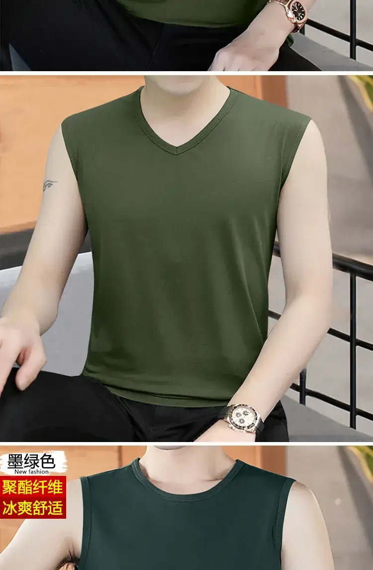 Men V-neck Sleeveless Vest Dark Green Slim Fit — feature 17