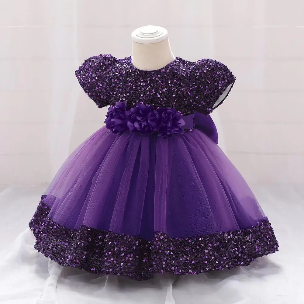 Purple Sequined Baby Girl Party Dress with Puffy Skirt - Image 5