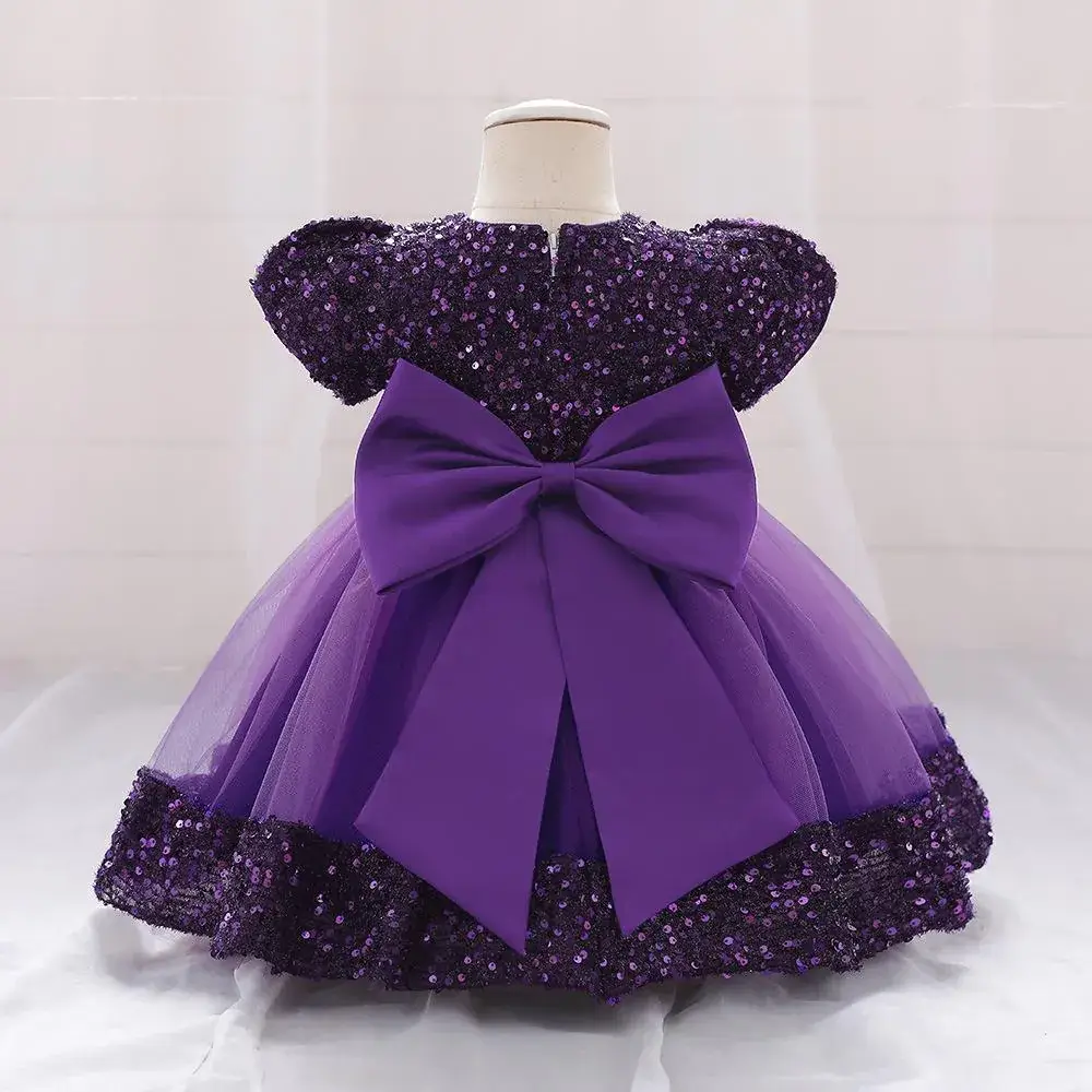 Purple Sequined Baby Girl Party Dress with Puffy Skirt - Image 6