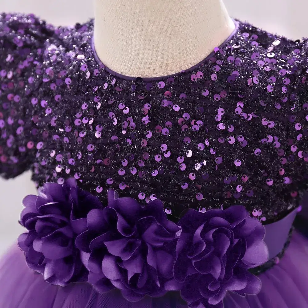 Purple Sequined Baby Girl Party Dress with Puffy Skirt - Image 7