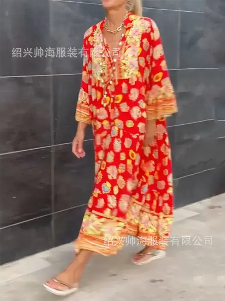 Red Floral Printed Long Sleeve Women's Dress - Image 3