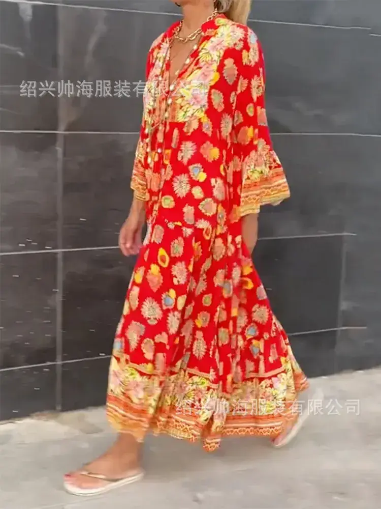 Red Floral Printed Long Sleeve Women's Dress - Image 4