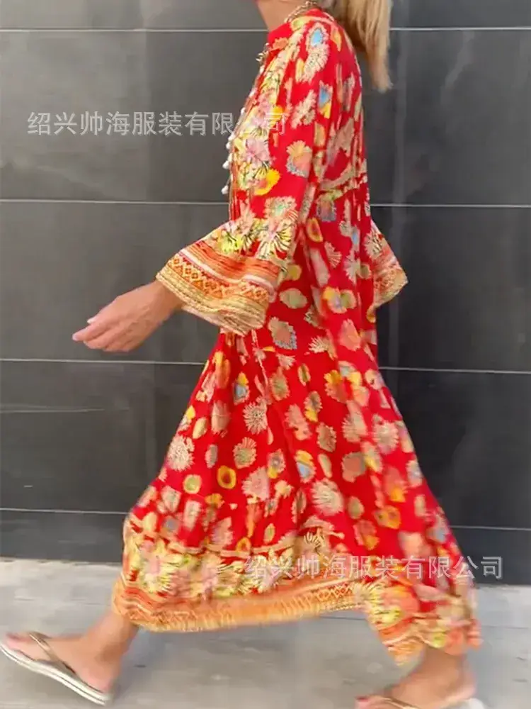 Red Floral Printed Long Sleeve Women's Dress - Image 5
