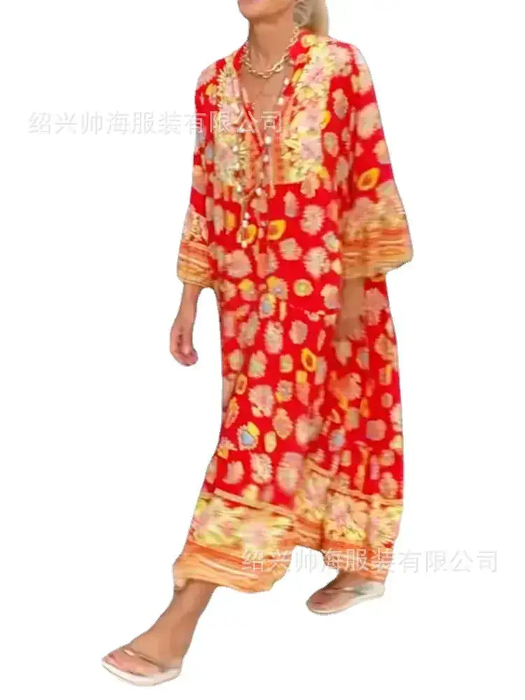 Red Floral Printed Long Sleeve Women's Dress - Image 6
