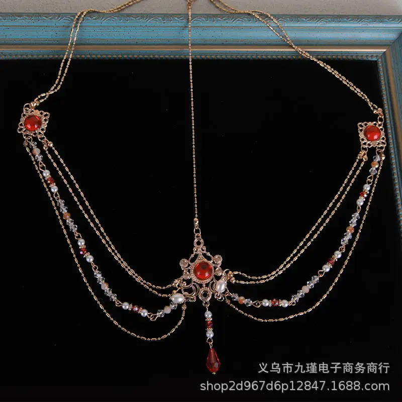 Bridal Forehead Pendant Necklace with Red Stones - Image 2