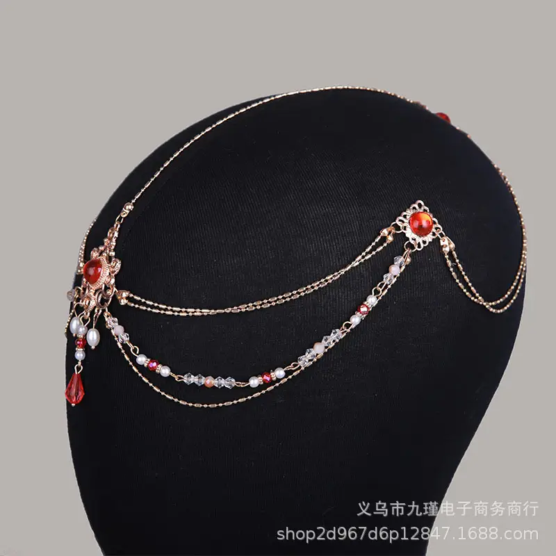 Bridal Forehead Pendant Necklace with Red Stones - Image 3