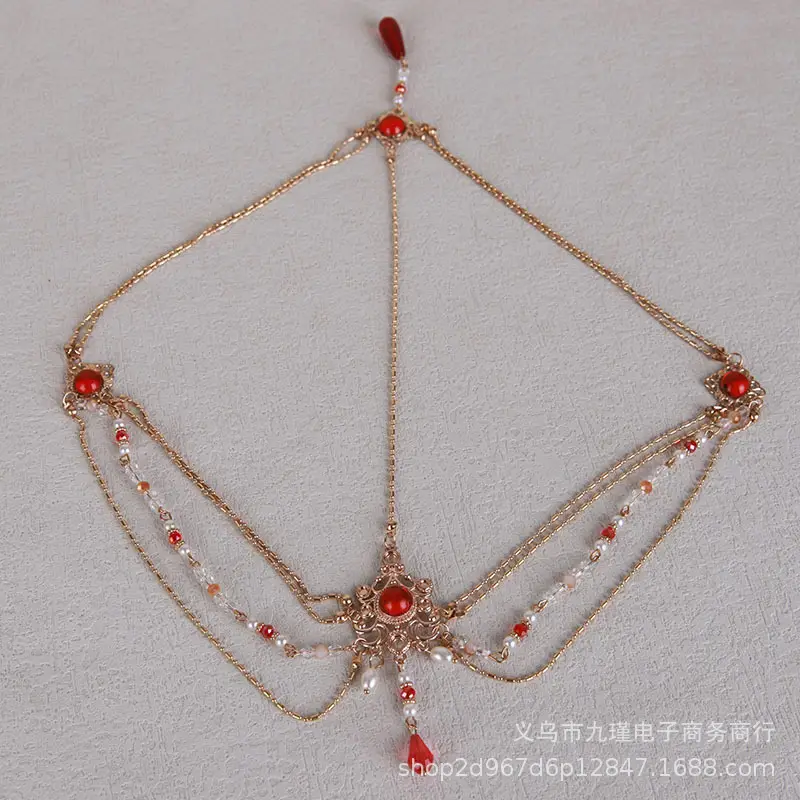 Bridal Forehead Pendant Necklace with Red Stones - Image 4