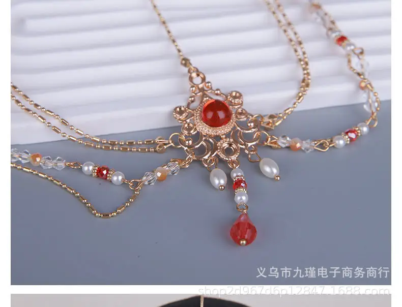 Bridal Forehead Pendant Necklace with Red Stones — feature 7