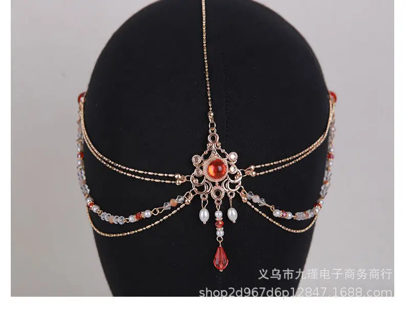 Bridal Forehead Pendant Necklace with Red Stones — feature 8