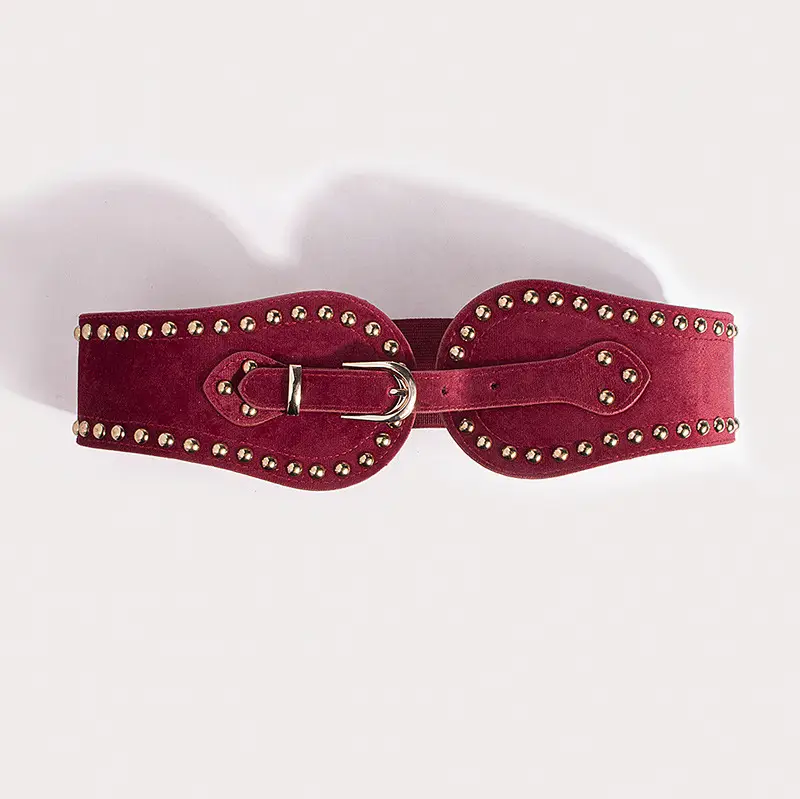 Women's Maroon Rivet Elastic Waist Belt - Image 6