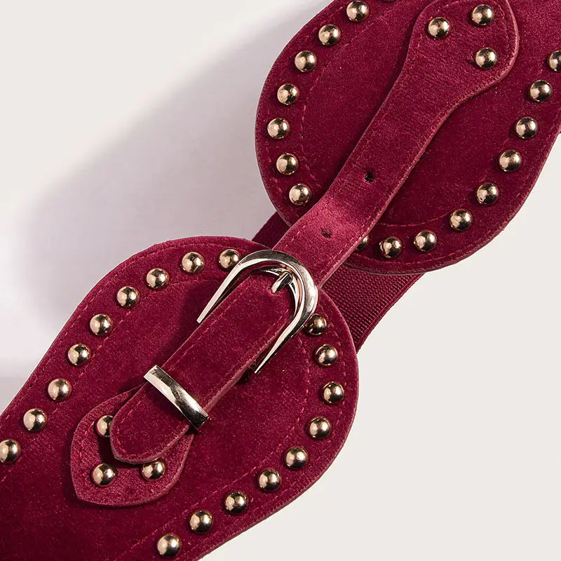 Women's Maroon Rivet Elastic Waist Belt - Image 7
