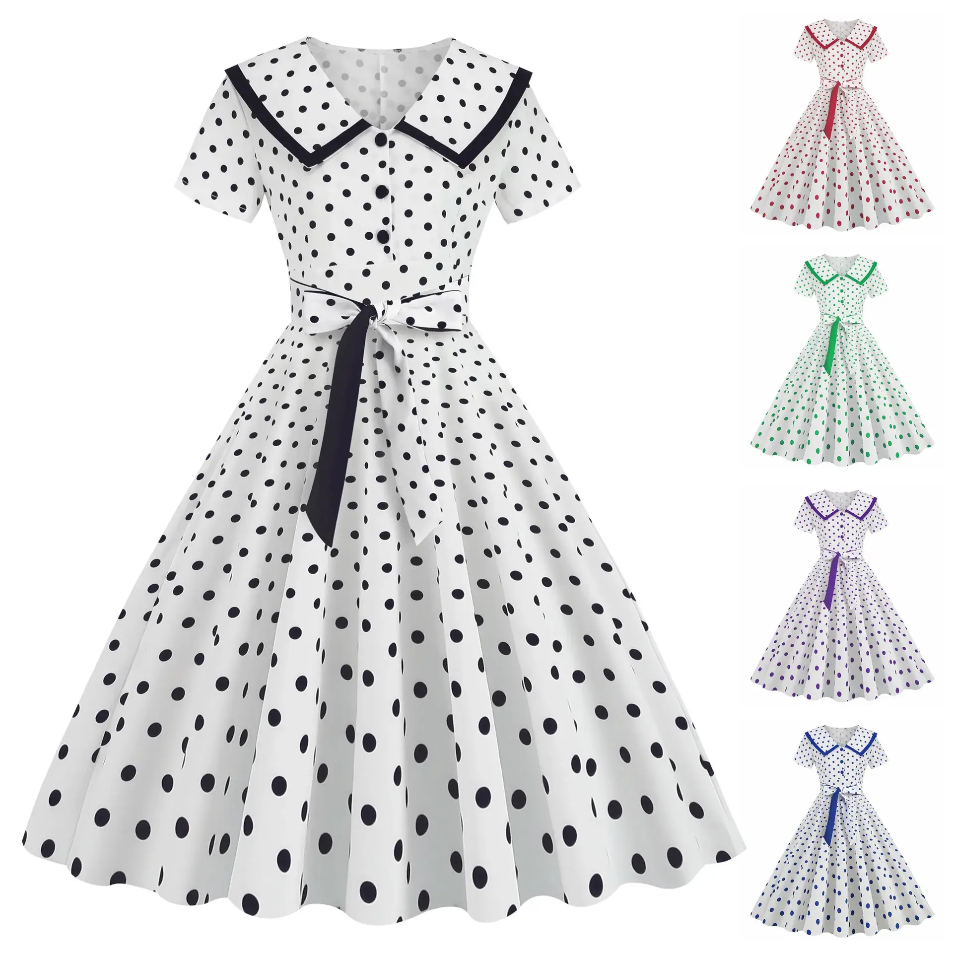 Women's Red Polka Dot Belt Waist Dress - Image 6