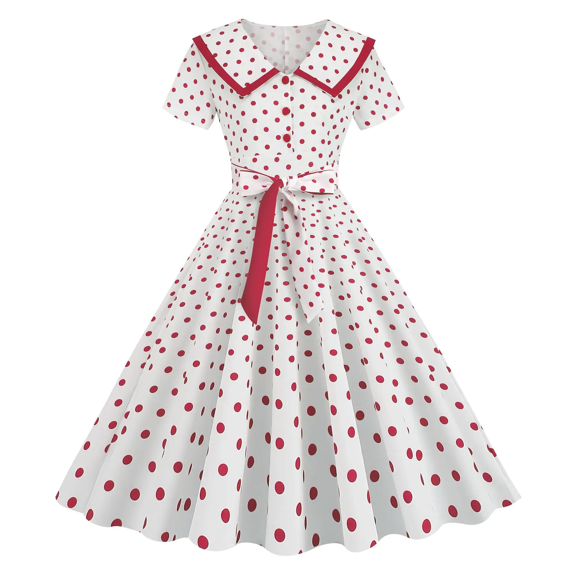 Women's Red Polka Dot Belt Waist Dress - Image 2