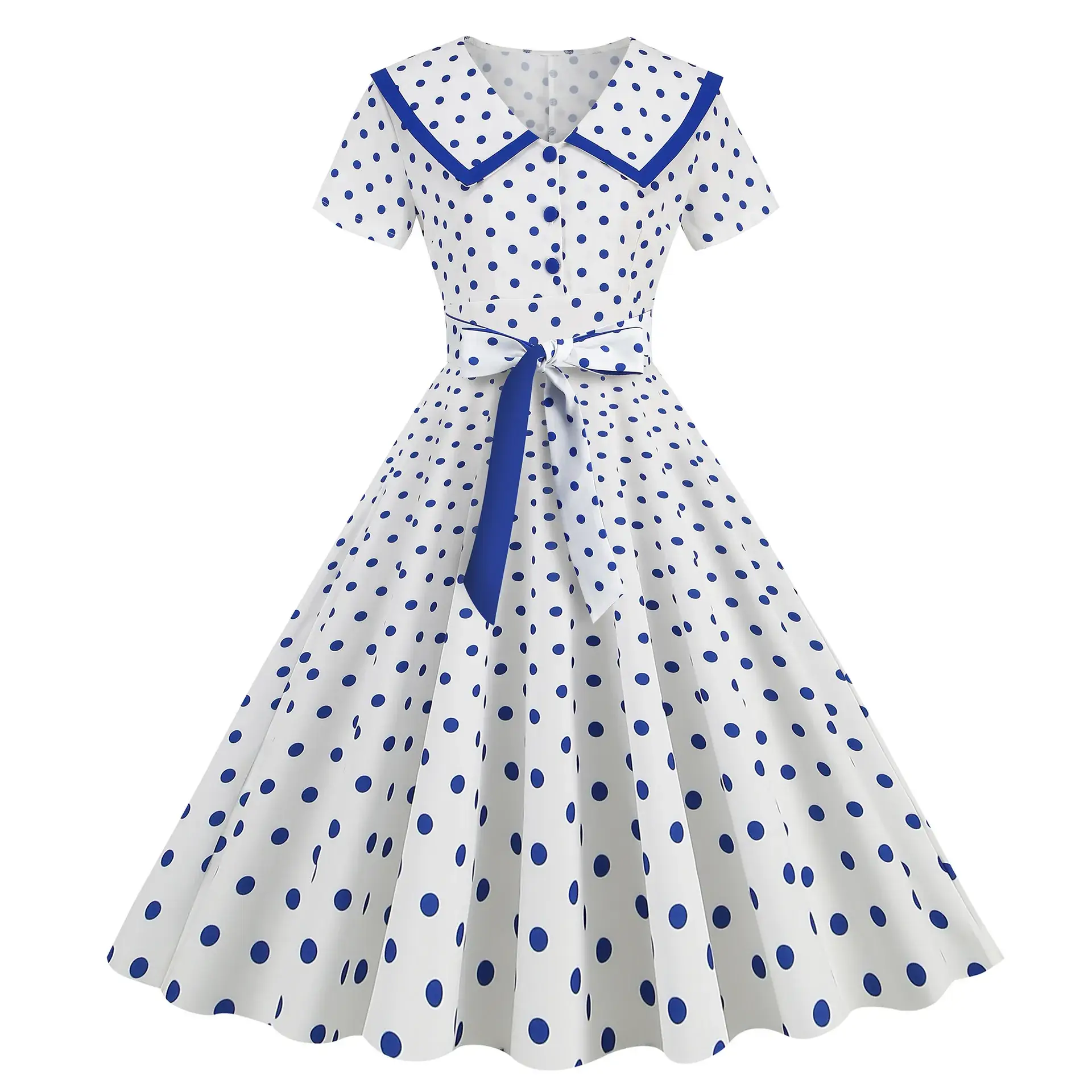 Women's Red Polka Dot Belt Waist Dress - Image 3