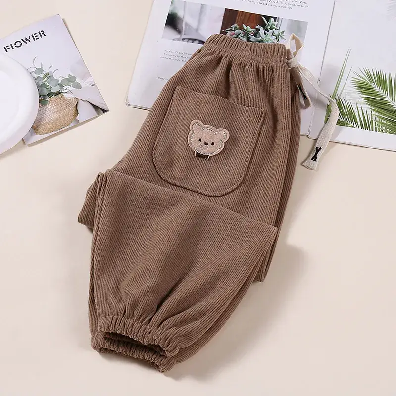 Kids Korean Style Cotton Pants Cream Bear Patch - Image 12