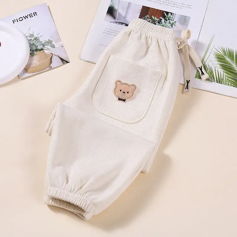 Kids Korean Style Cotton Pants Cream Bear Patch - Image 13