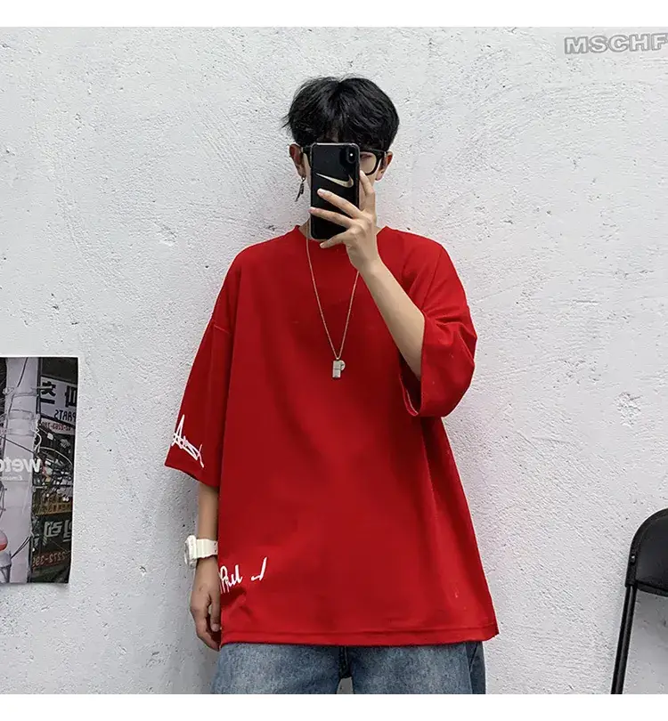 Men Red 7P Point T-Shirt Large Summer Wear — feature 7