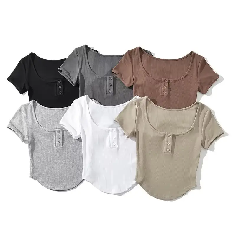 Gray Cotton Button Front T-Shirt for Women - Image 7
